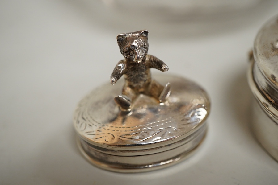 A George V silver topped engraved glass spherical scent bottle and other silver first height 11cm., weight approx. 3.46ozt